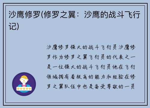 沙鹰修罗(修罗之翼：沙鹰的战斗飞行记)